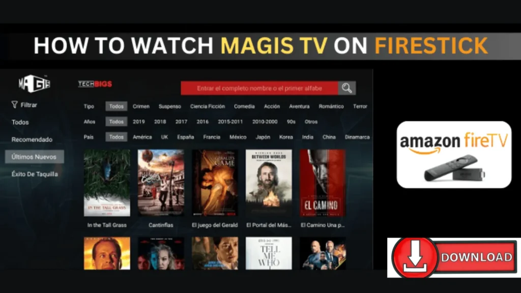 Cómo ver Magis TV en Firestick: interfaz de usuario de la aplicación IPTV con opción de descarga y compatibilidad con Amazon Fire TV.