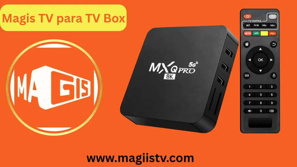 Dispositivo de transmisión MagisTV que presenta una imagen de un decodificador de TV rectangular negro con un control remoto adjunto