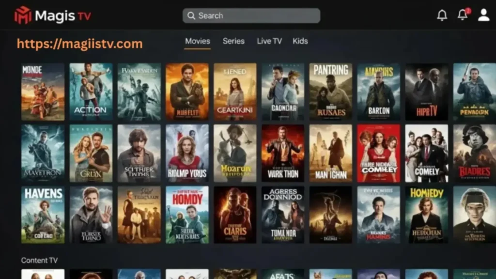 Magis Tv Apk (en) 10 Magis TV streaming interface showing a grid of movie thumbnails and categories like Movies, Series, Live TV, and Kids.