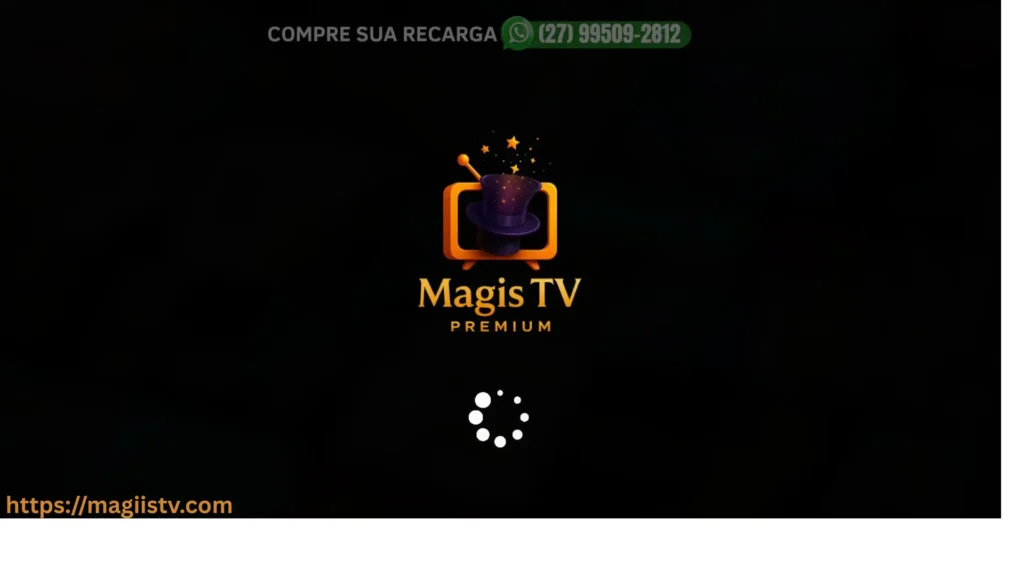Magis Tv Apk (en) 7 Magis TV Premium loading screen with a magic hat logo, website link